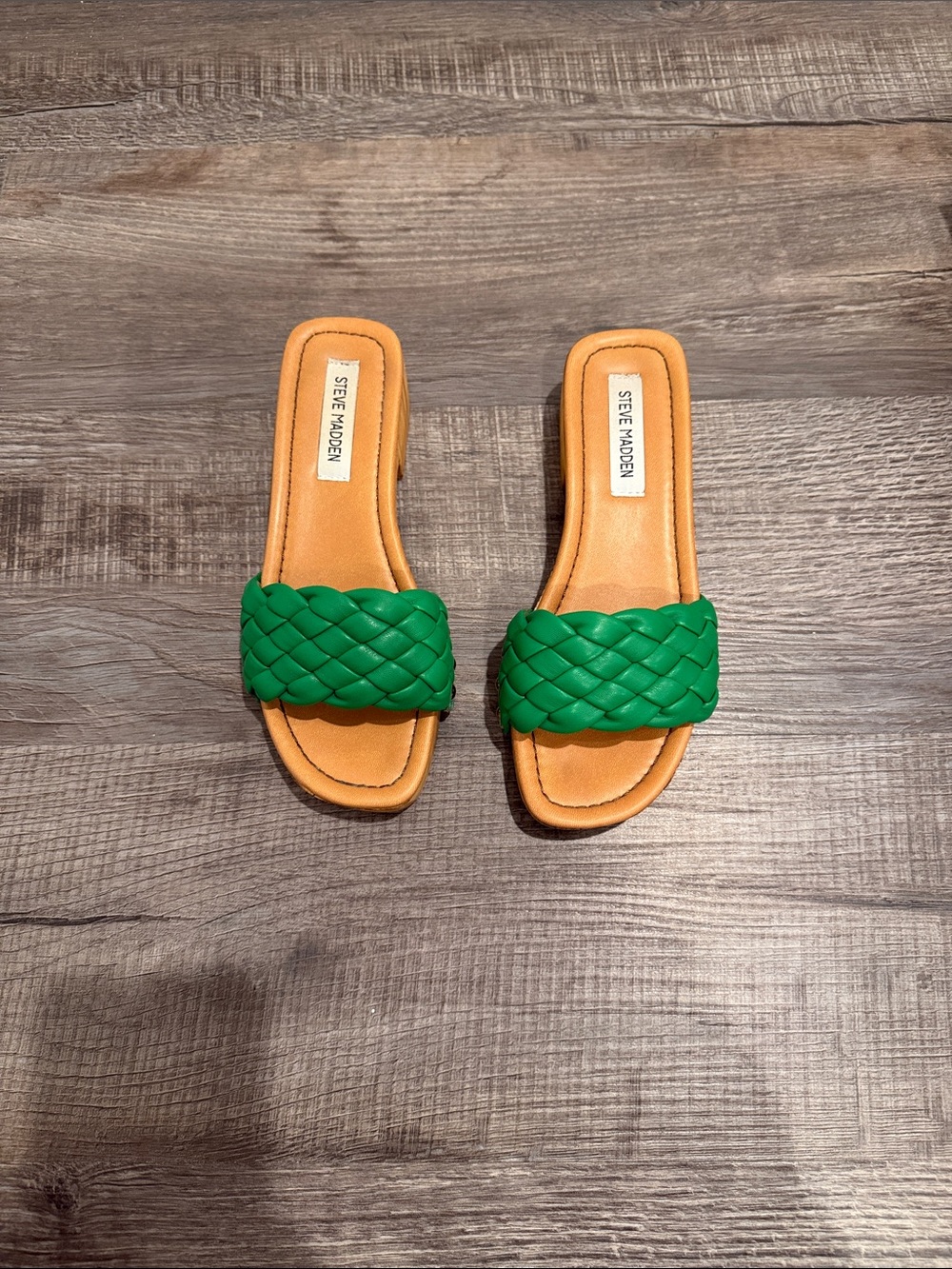 Steve Madden Green Braided Slide Sandals with Tan Footbed